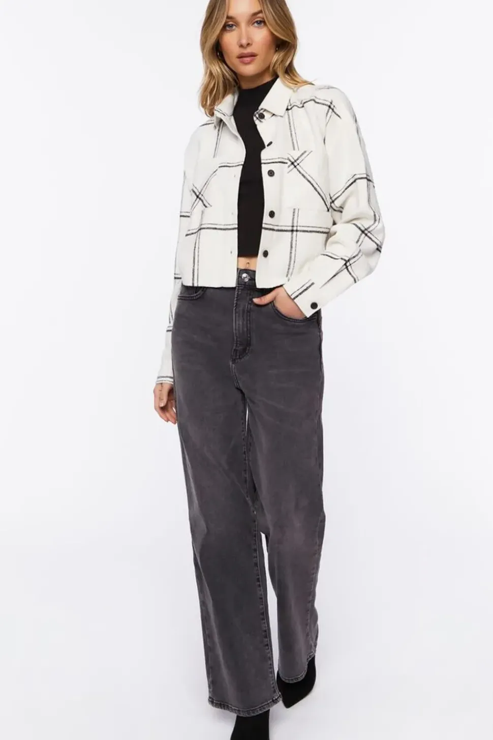 Grid Plaid Cropped Flannel Shirt