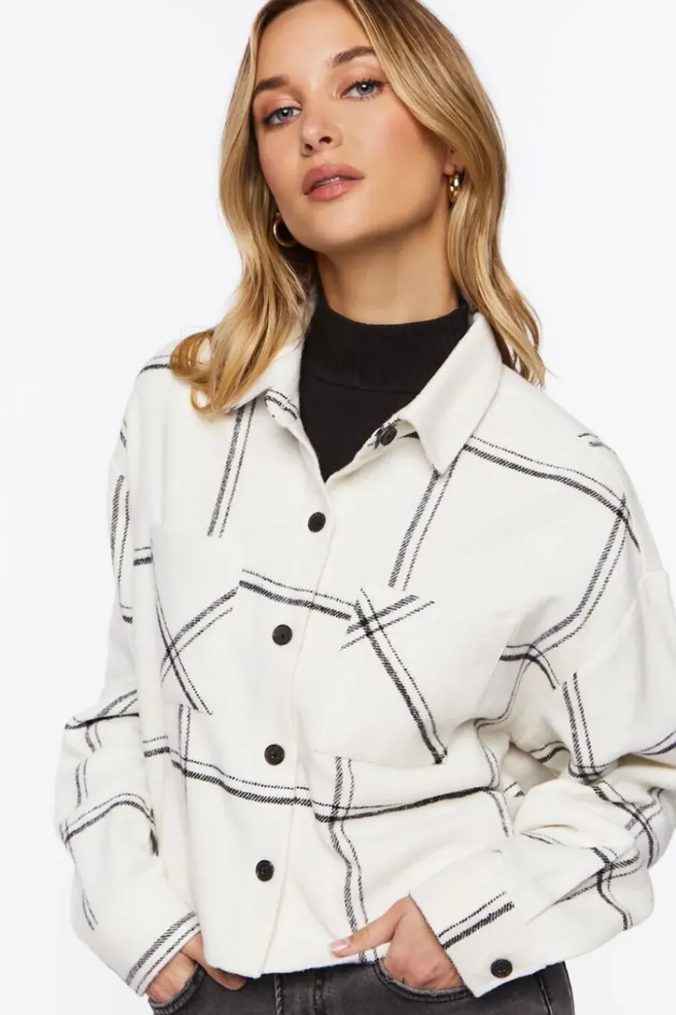 Grid Plaid Cropped Flannel Shirt