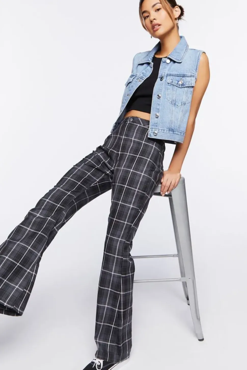 Grid Plaid Flare Pants