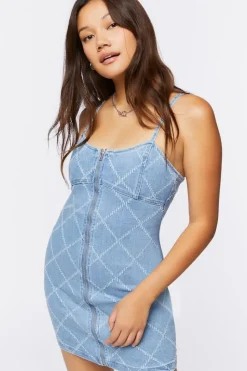 Grid Print Denim Mini Dress