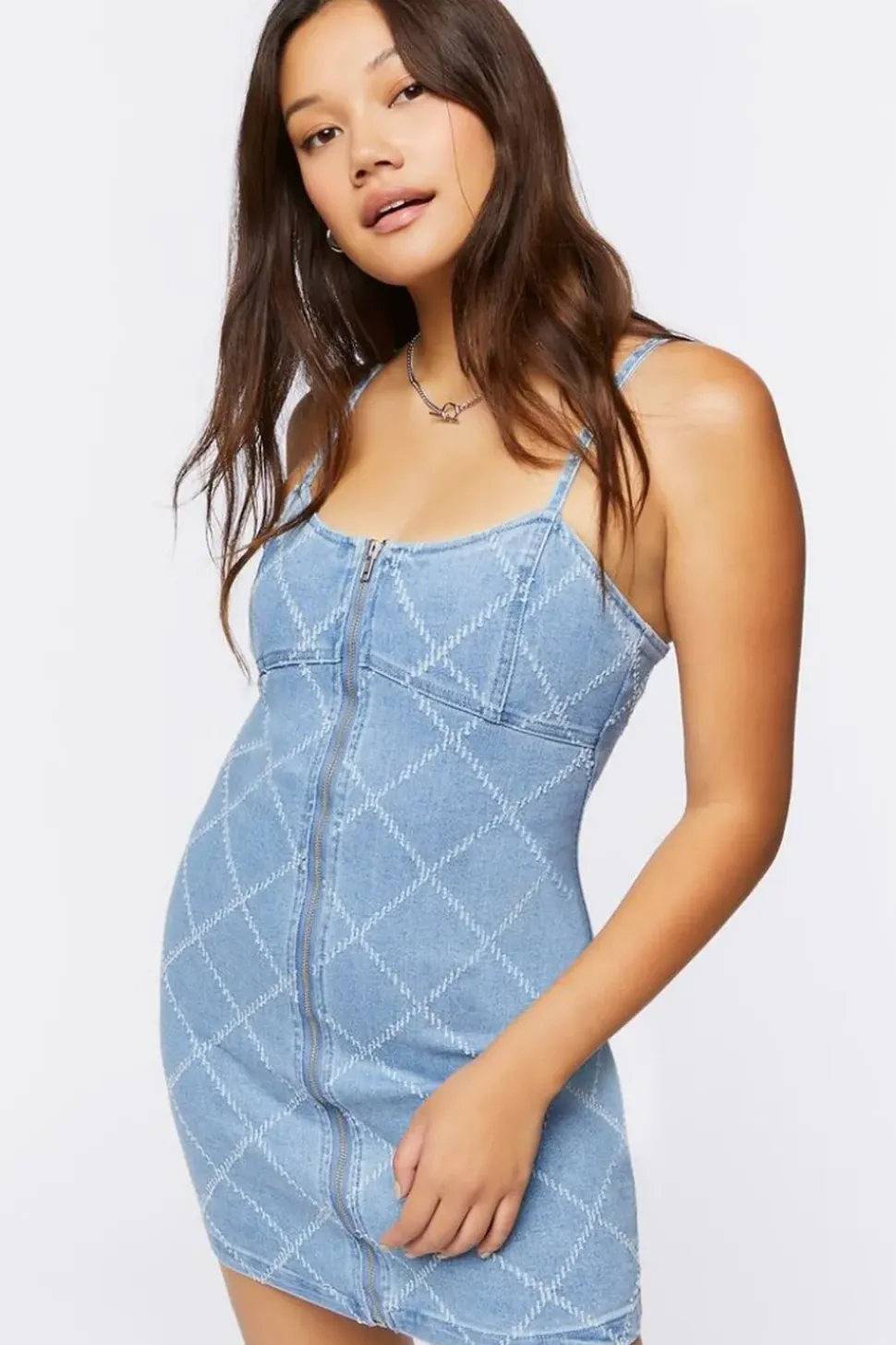Grid Print Denim Mini Dress