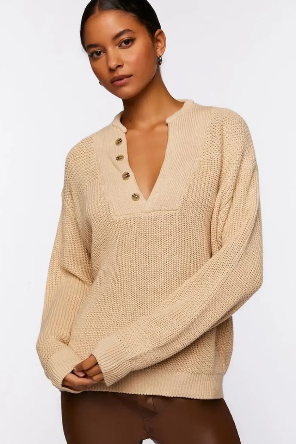 Half-Button Drop-Sleeve Sweater