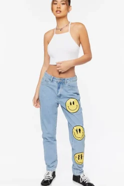 Happy Face Graphic Wide-Leg Jeans