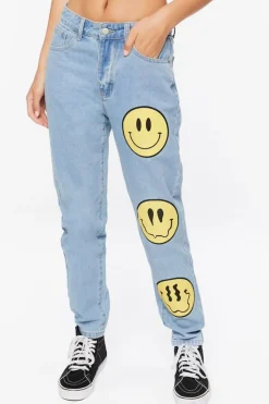 Happy Face Graphic Wide-Leg Jeans