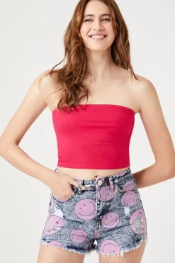 Happy Face Print Denim Shorts
