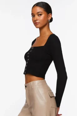Hook-And-Eye Long-Sleeve Crop Top