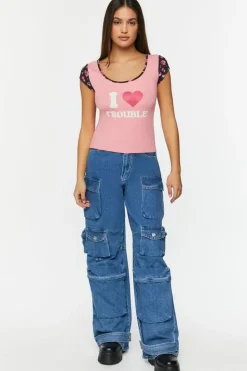 I Heart Trouble Floral-Trim Graphic Tee