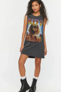 Kiss Distressed Graphic T-Shirt Dress