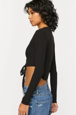 Lace-Up Long-Sleeve Sweater-Knit Crop Top