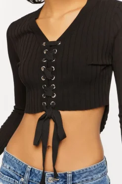 Lace-Up Long-Sleeve Sweater-Knit Crop Top