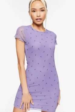 Lightning Bolt Print Mesh Mini Dress