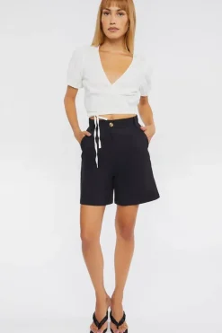 Linen-Blend Cropped Wrap Top