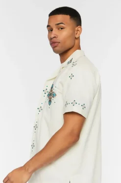 Linen-Blend Short-Sleeve Embroidered Shirt