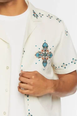 Linen-Blend Short-Sleeve Embroidered Shirt