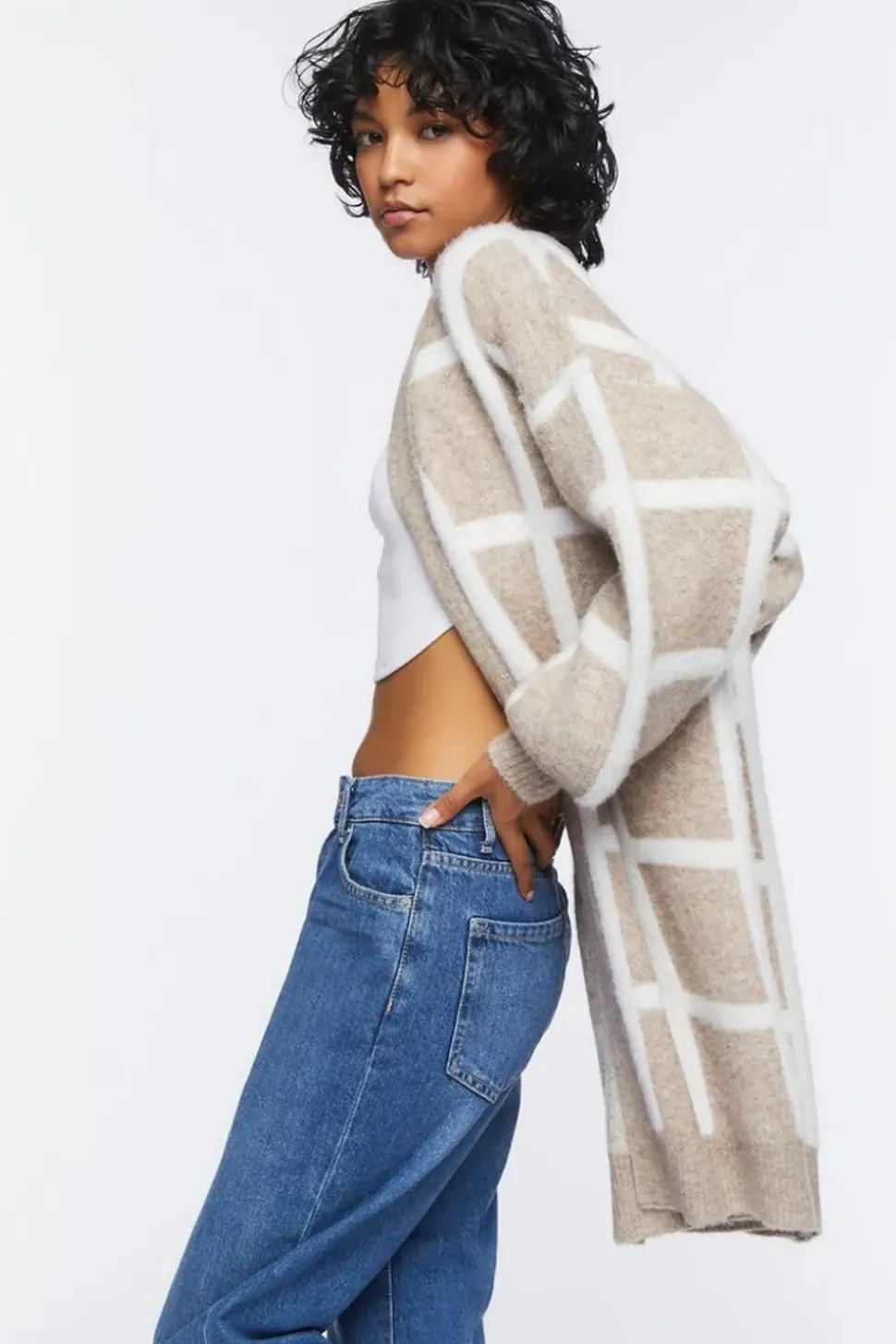 Longline Grid Cardigan Sweater
