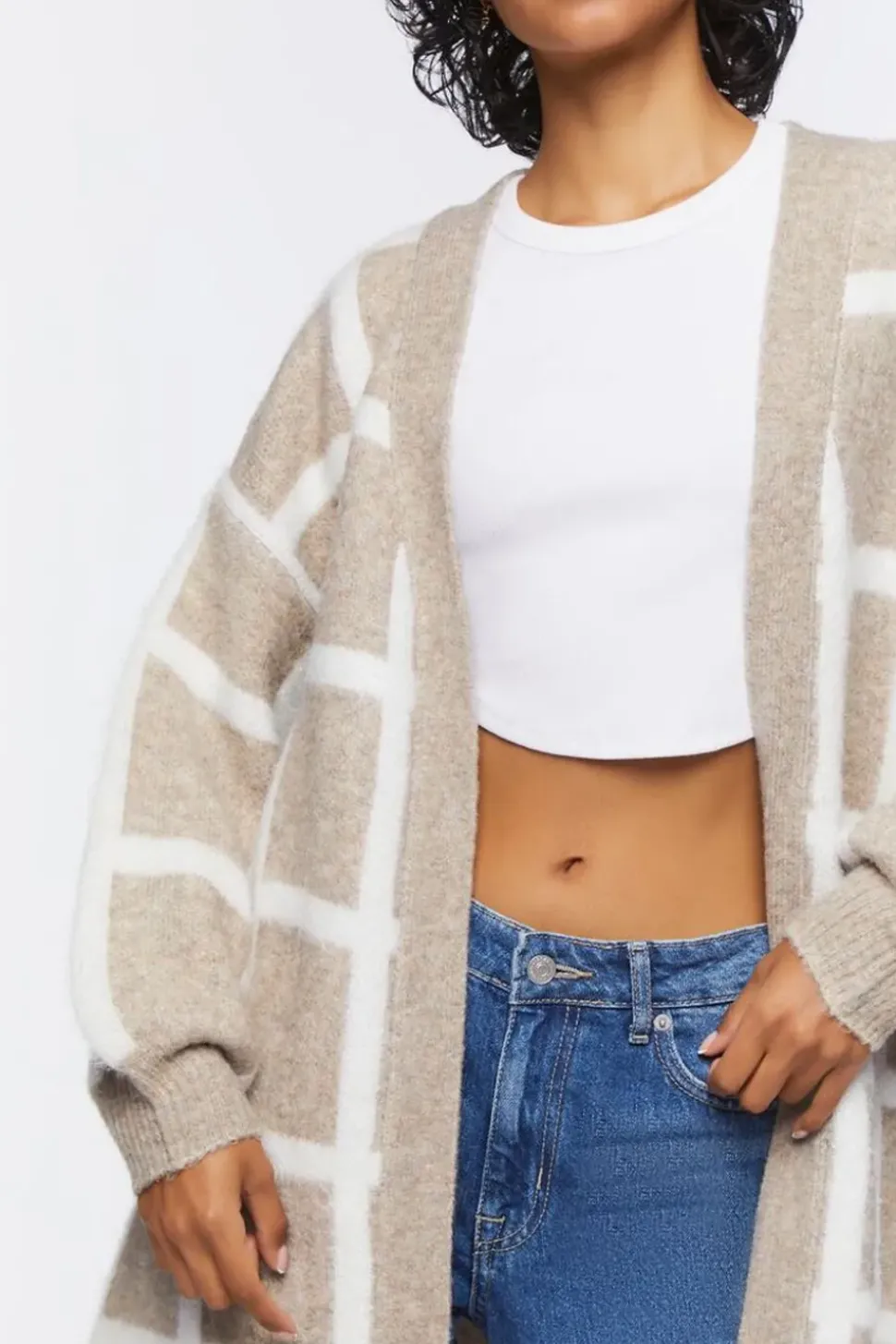 Longline Grid Cardigan Sweater