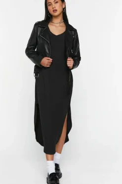 Long-Sleeve Dolphin-Hem Midi Dress