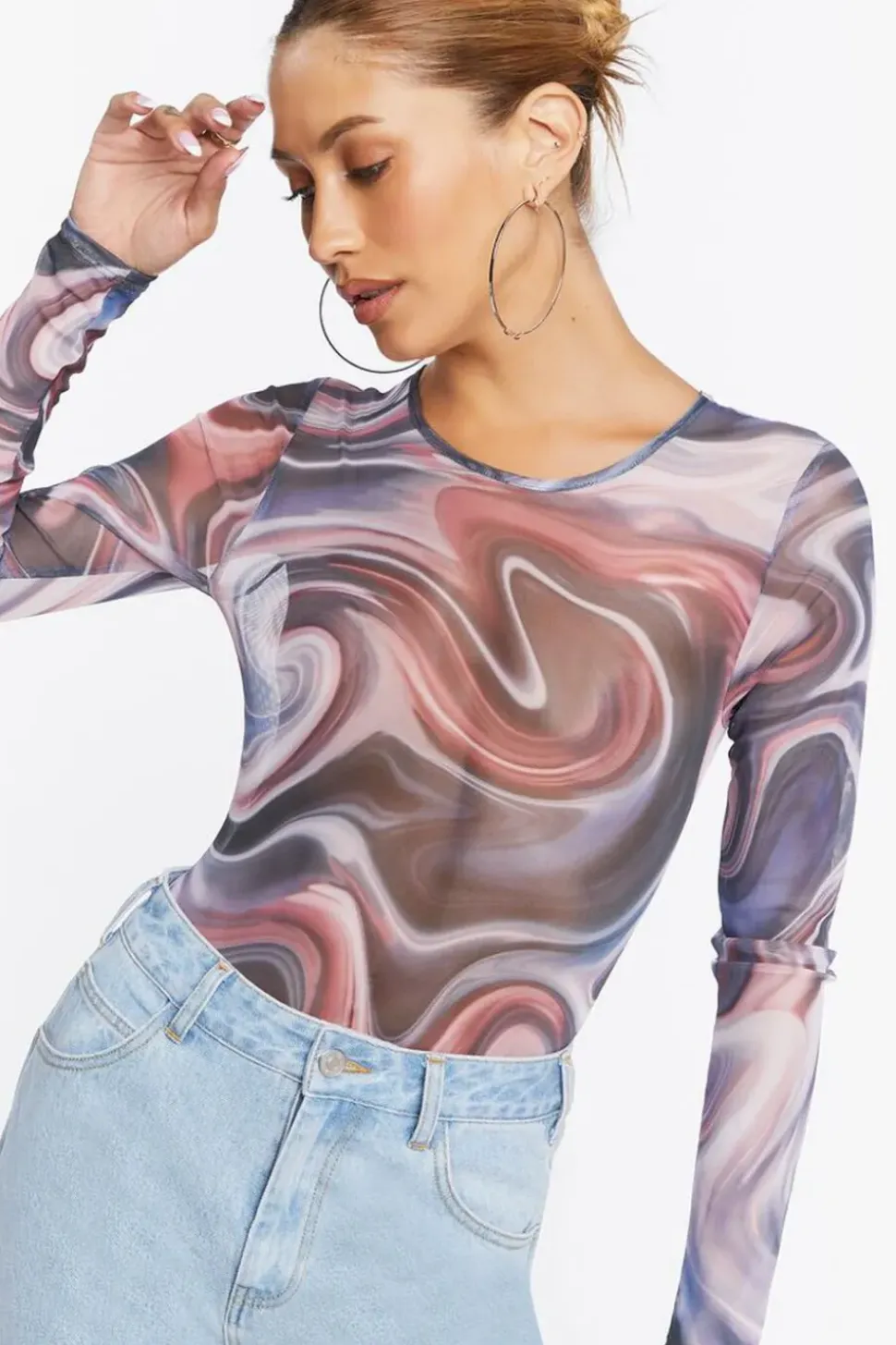 Marble Print Long-Sleeve Bodysuit