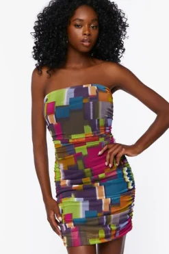 Mesh Abstract Print Tube Dress
