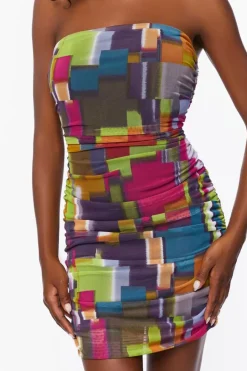 Mesh Abstract Print Tube Dress