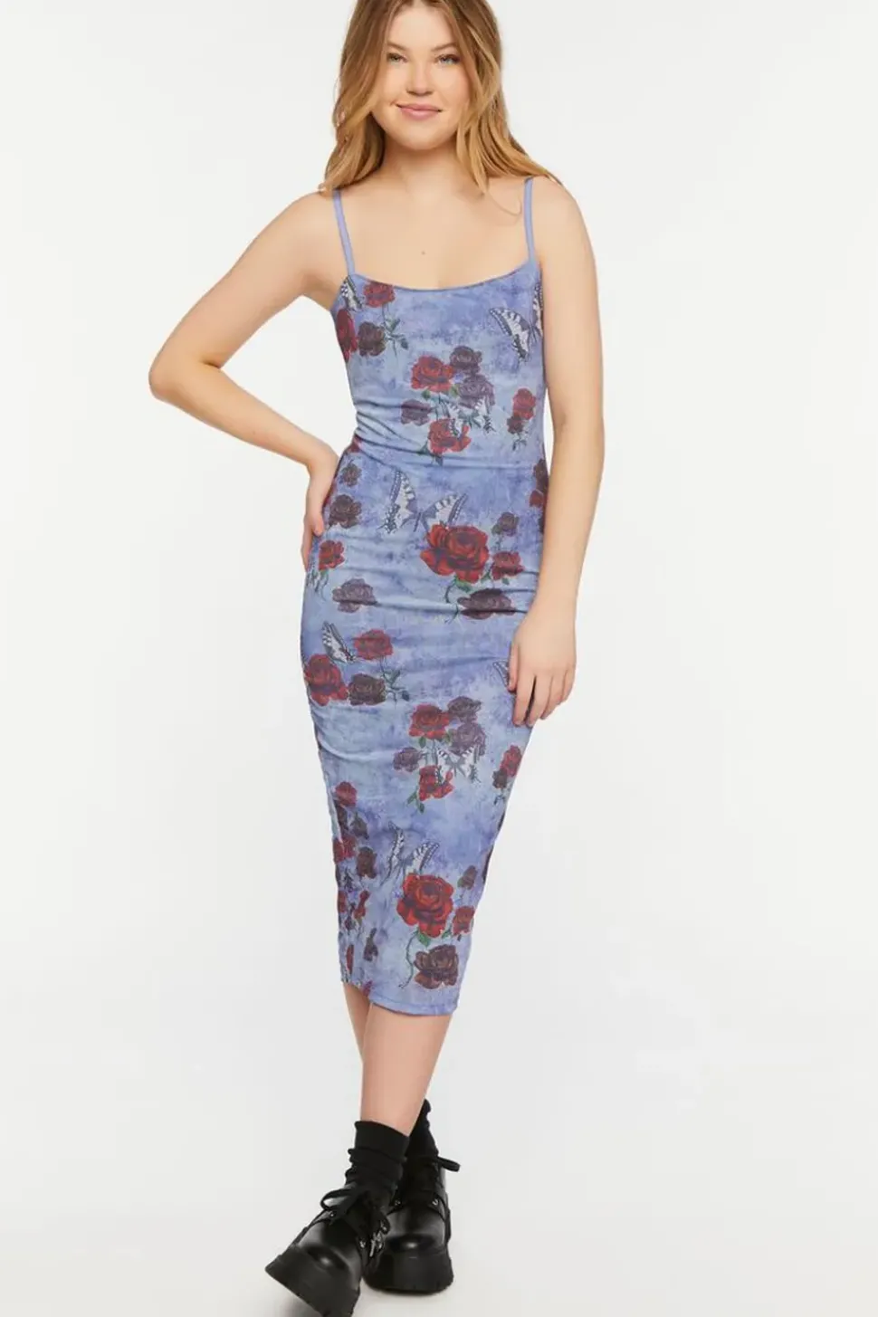 Mesh Butterfly Rose Print Cami Dress