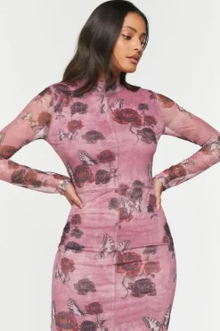 Mesh Butterfly Rose Print Mini Dress
