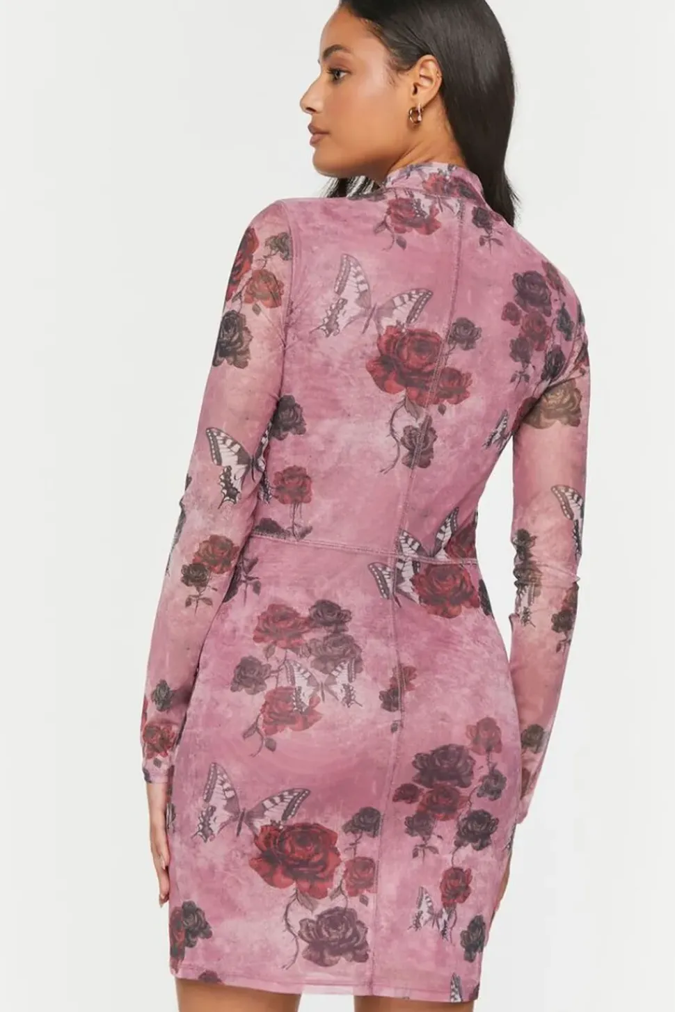 Mesh Butterfly Rose Print Mini Dress