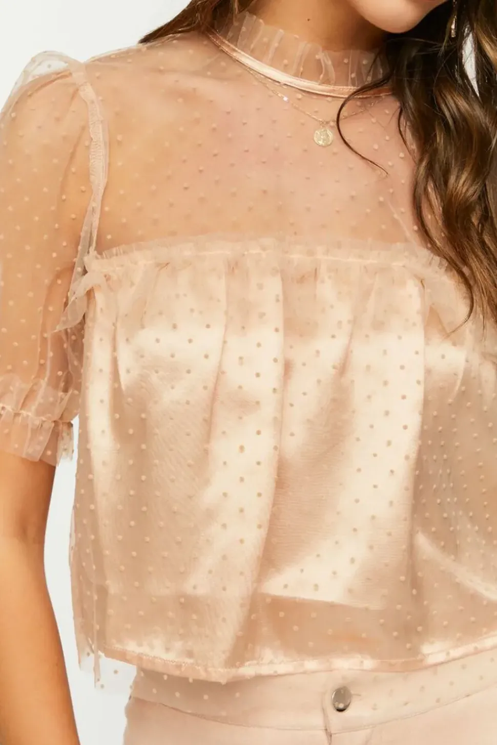 Mesh Clip-Dot Ruffle-Trim Top