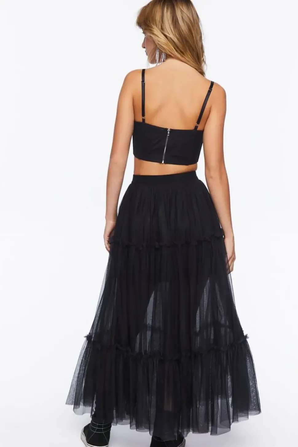 Mesh Crop Top & Tiered Maxi Skirt Set