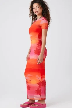 Mesh Palm Tree Midi Dress