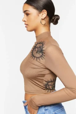 Mesh Sun & Moon Mock Neck Top