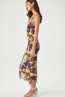 Mesh Tropical Print Midi Dress