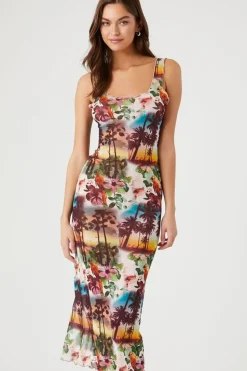 Mesh Tropical Print Midi Dress
