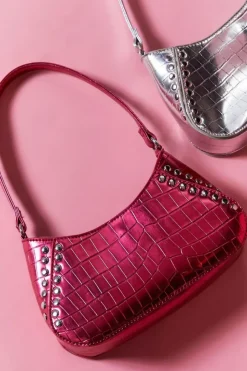 Metallic Faux Croc Leather Shoulder Bag
