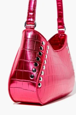 Metallic Faux Croc Leather Shoulder Bag
