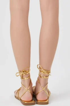 Metallic Strappy Lace-Up Sandals