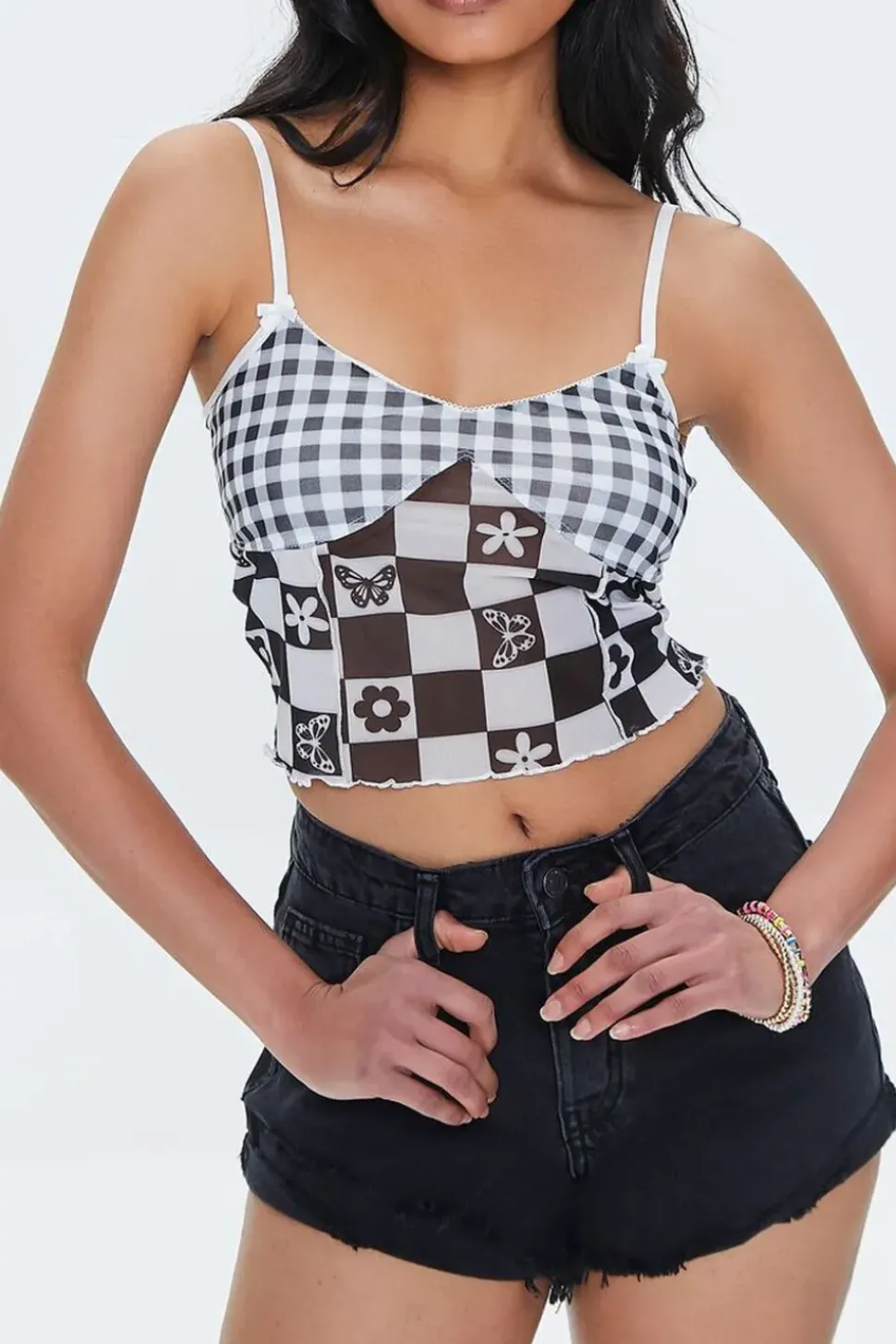 Mixed Plaid Mesh Cami