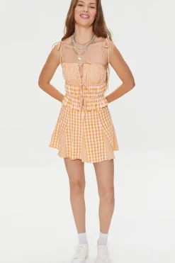 Mixed Plaid Tie-Front Cami