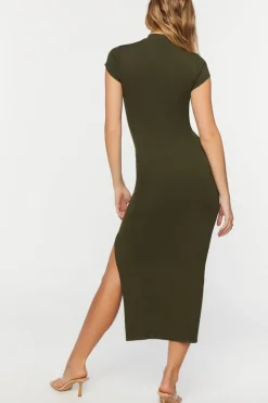 Mock Neck Short-Sleeve Slit Maxi Dress
