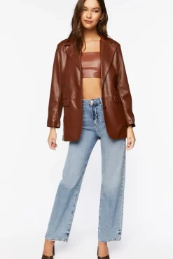 Notched Faux Leather Blazer