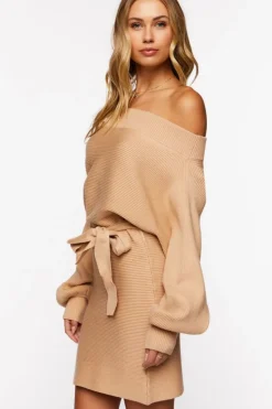 Off-The-Shoulder Belted Sweater Dress