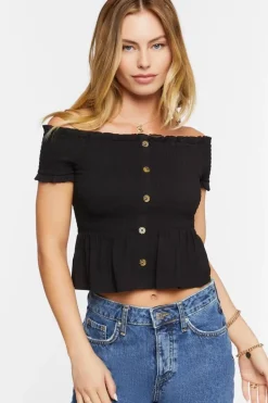 Off-The-Shoulder Smocked Crop Top