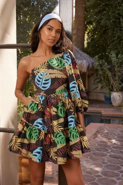 One-Shoulder Tropical Print Mini Dress