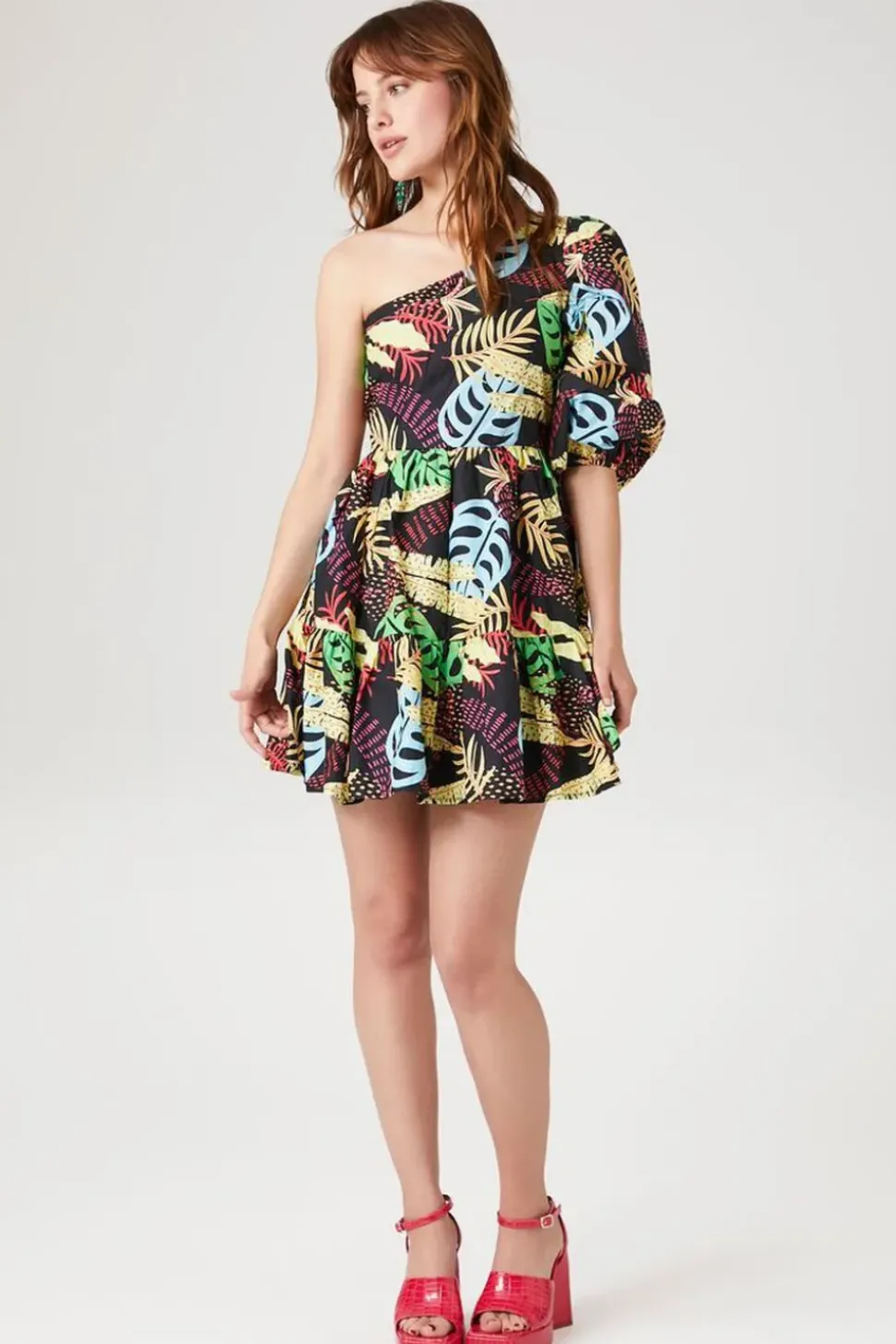 One-Shoulder Tropical Print Mini Dress