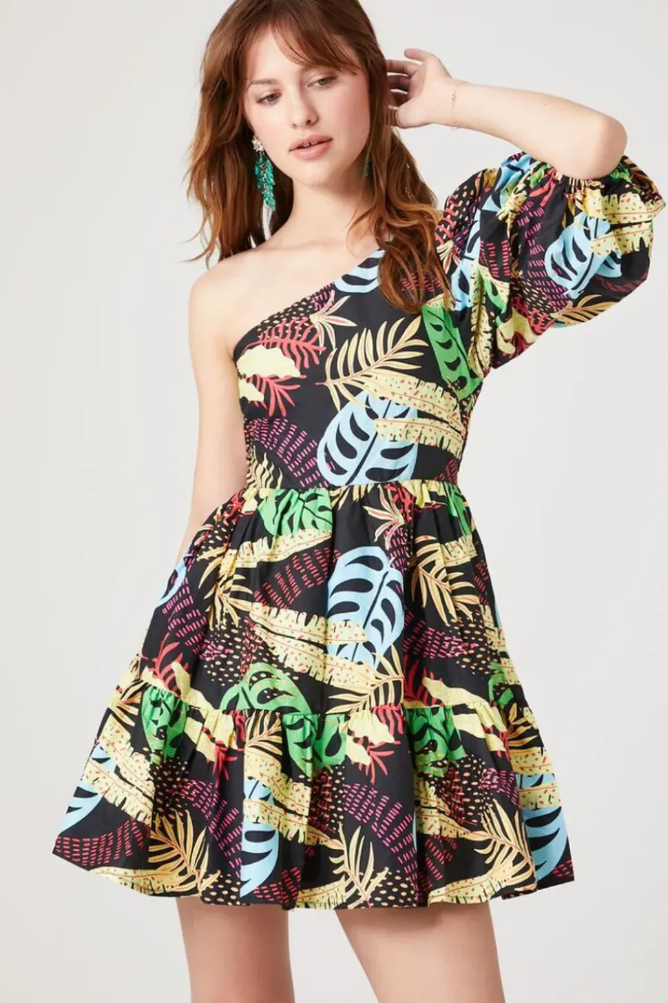 One-Shoulder Tropical Print Mini Dress
