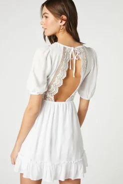 Open-Knit Puff-Sleeve Mini Dress