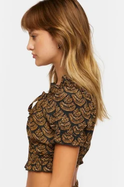 Ornate Print Puff-Sleeve Crop Top