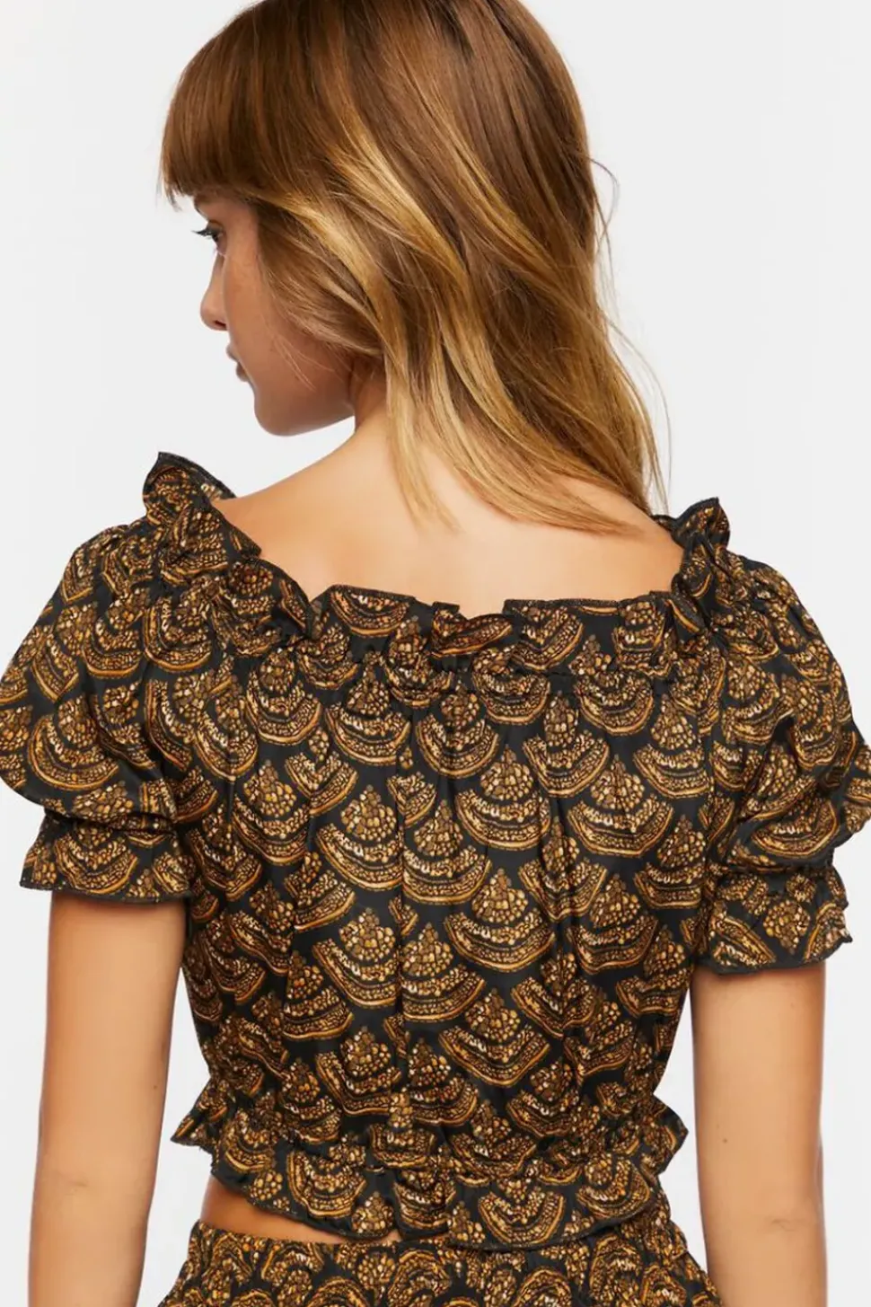 Ornate Print Puff-Sleeve Crop Top