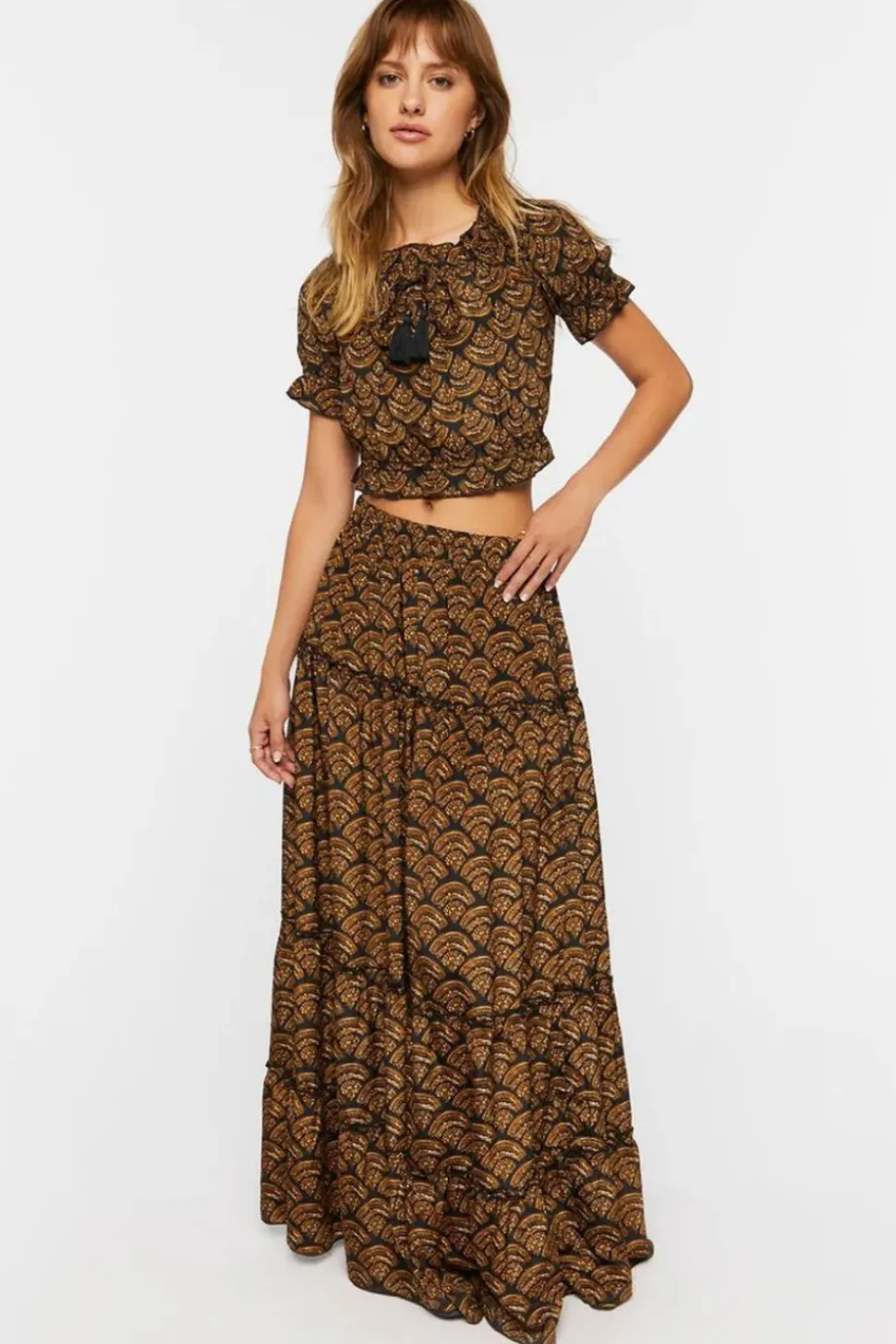 Ornate Print Puff-Sleeve Crop Top