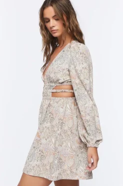 Paisley Peasant-Sleeve Mini Dress